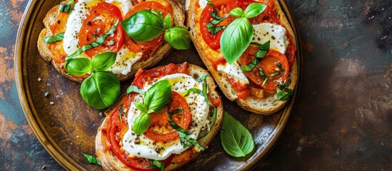 Open sandwiches with cream cheese baked sweet pepper and fresh basil on a brown plate Italian Cuisine Red pepper snacks Top view copy space. Creative Banner. Copyspace image - obrazy, fototapety, plakaty