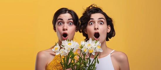 Mother and daughter holding bouquet of white flowers in shock face looking skeptical and sarcastic surprised with open mouth. Creative Banner. Copyspace image