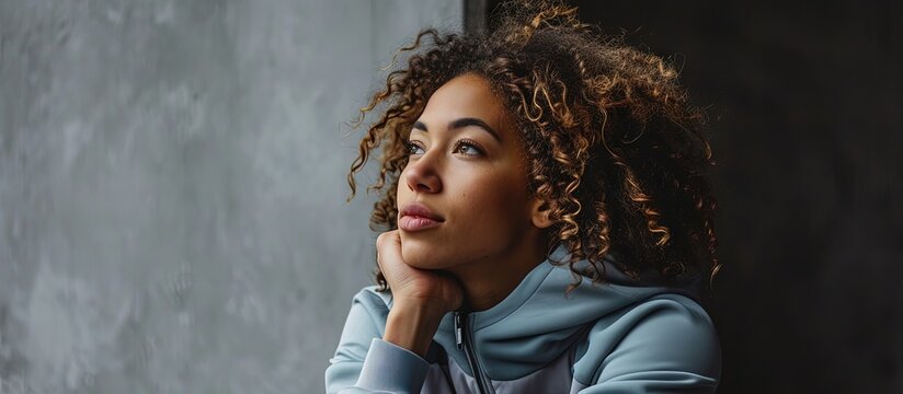 winter sport cheerful and sporty woman with curly hair sitting in active wear on grey backdrop. Creative Banner. Copyspace image