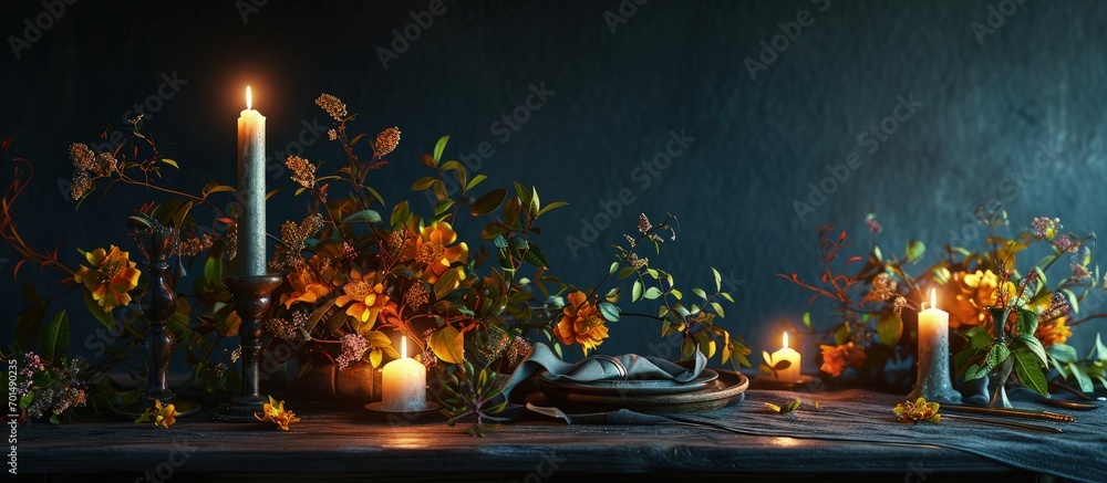 Poster table setting set with candles and flowers. creative banner. copyspace image
