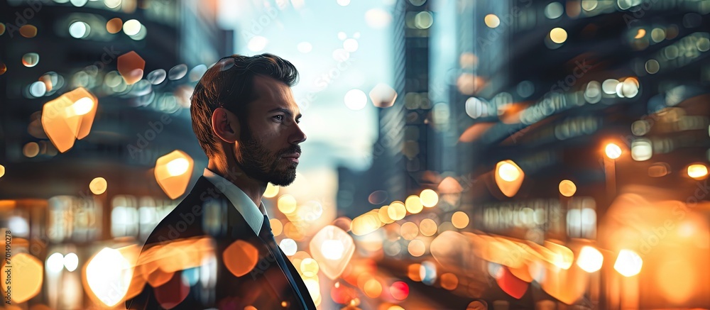Poster side view of confident young businessman with double exposure of abstract cityscape and wireframe ci