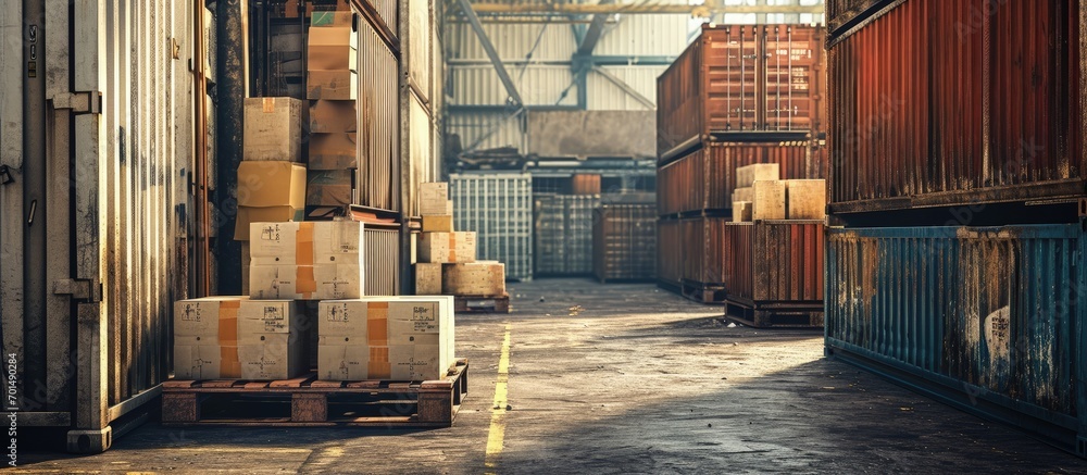Poster packaging boxes stacked on pallets loading into cargo container cartons cardboard boxes distribution