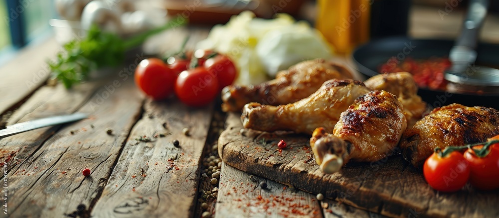 Poster Roasted chicken drumsticks with cabbage and tomatoes high angle view on rustic wooden table. Creative Banner. Copyspace image