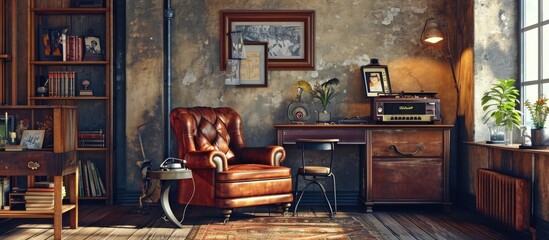 Real photo of vintage living room with orange retro armchair desk with chair shelf full of books and accessories and table with old gramophone. Creative Banner. Copyspace image - obrazy, fototapety, plakaty