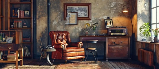 Fototapeten Real photo of vintage living room with orange retro armchair desk with chair shelf full of books and accessories and table with old gramophone. Creative Banner. Copyspace image © HN Works