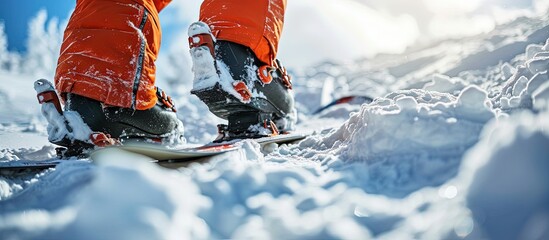 Snowboarder stands on slope backdrop Closeup legs and snowboard. Creative Banner. Copyspace image - obrazy, fototapety, plakaty