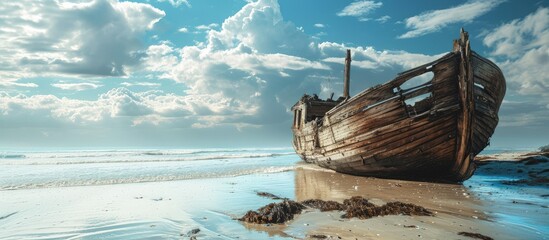 Relic old wooden shipwreck hull uncovered on beach. Creative Banner. Copyspace image - obrazy, fototapety, plakaty