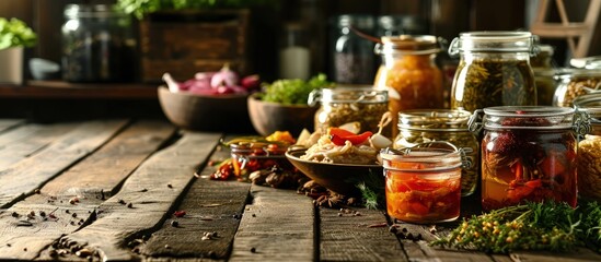 Preserved and fermented food Assortment of homemade jars with variety of pickled and marinated vegetables fruit compote on a wooden table Housekeeping home economics harvest preservation