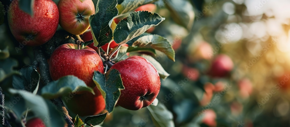 Poster red apples hanging on the tree and ready for picking. creative banner. copyspace image