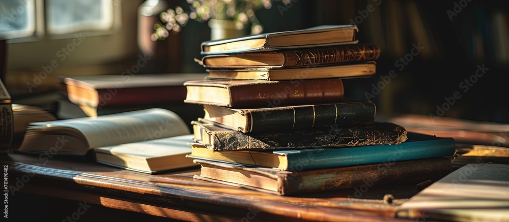 Aufkleber open book with blank pages on a stack of other books on the table. creative banner. copyspace image