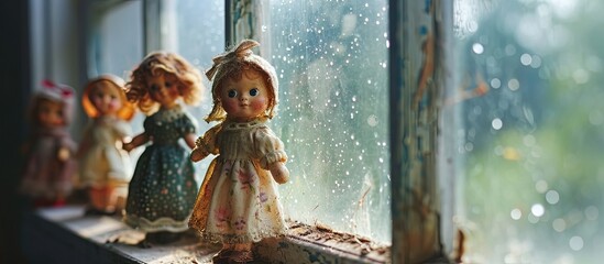 Many dolls were hung on the windows after washing to clean. Creative Banner. Copyspace image