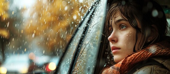 Portrait of a beautiful sad woman sitting in the car in rainy weather pensive girl looking through the window glass with rain drops autumn melancholy concept. Creative Banner. Copyspace image - obrazy, fototapety, plakaty
