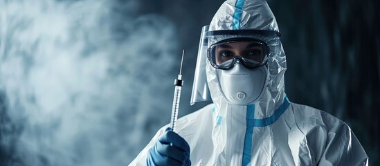 Medical healthcare technologist holding thermometer wearing white protective suit mask. Creative Banner. Copyspace image