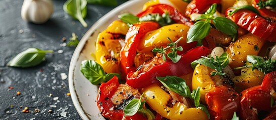 Vegetables salad on white plate Red and yellow sweet peppers grilled with garlic and basil Mediterranean cuisine. Creative Banner. Copyspace image