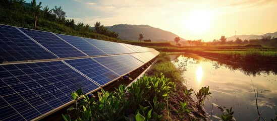 The Floating of Solar panel designed to absorb the sun s rays as a source of energy in aquaculture pond on farmr. Creative Banner. Copyspace image - obrazy, fototapety, plakaty