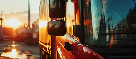 Side mirror of the heavy truck or cargo trailer vehicle part Transportation and logistic industrial equipment object Close up and selective focus photo. Creative Banner. Copyspace image