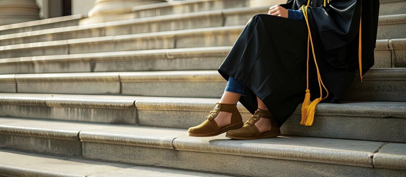 PhD doctoral graduate in regalia gown holding Tudor bonnet cap sitting on university steps with sneaker canvas shoes showing Red and blue grad gown gold tassel showing. Creative Banner