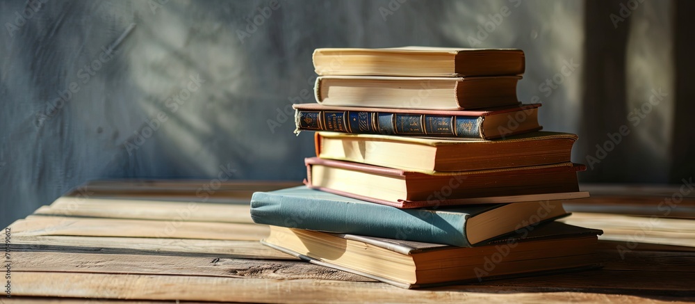 Aufkleber open book with blank pages on a stack of other books on the table. creative banner. copyspace image