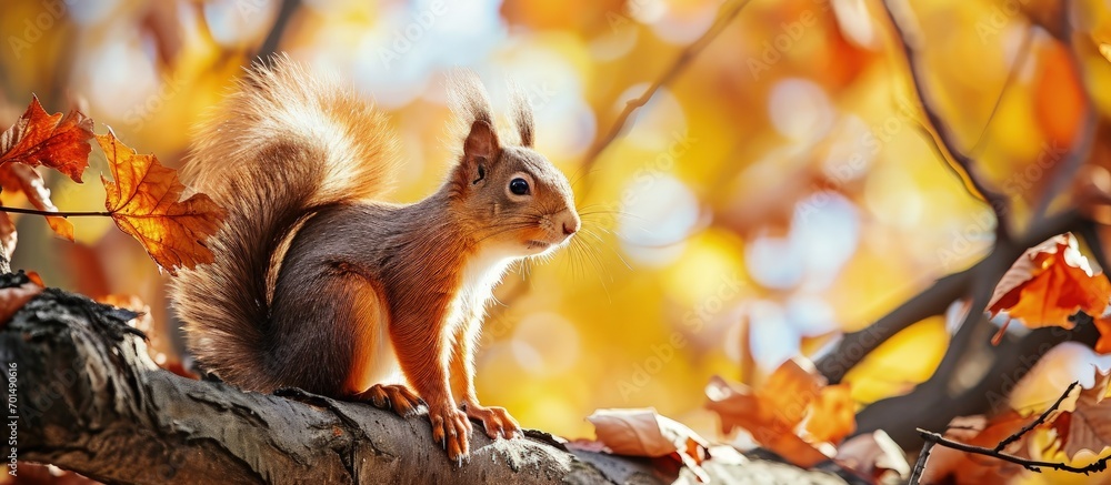Poster red squirrel on a branch in autumn sciurus park tamiasciurus. creative banner. copyspace image