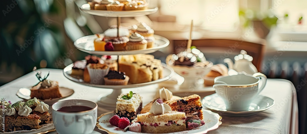 Poster Traditional english afternoon tea with selection of cakes and sandwiches. Creative Banner. Copyspace image