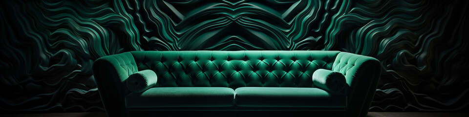 An intricate 3D optical illusion pattern on an obsidian wall, contrasting with a plush jade green sofa, captivating the eye.