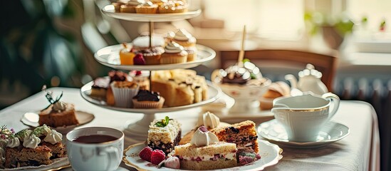 Traditional english afternoon tea with selection of cakes and sandwiches. Creative Banner. Copyspace image - obrazy, fototapety, plakaty