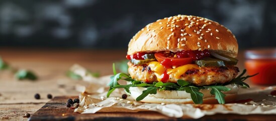 zinger burger testy crunchy crispy with added vegitable chicken miyonese and mazerrla cheese. Creative Banner. Copyspace image - obrazy, fototapety, plakaty