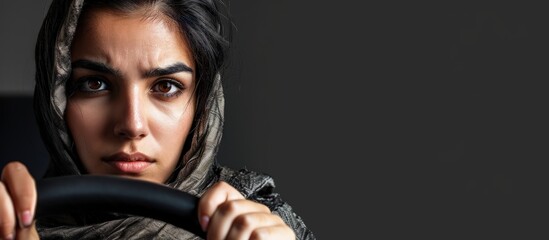 Young middle east woman holding steering wheel skeptic and nervous frowning upset because of problem negative person. Creative Banner. Copyspace image