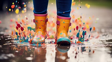 Colorful wellies splashing in a puddle on a rainy spring day. - obrazy, fototapety, plakaty