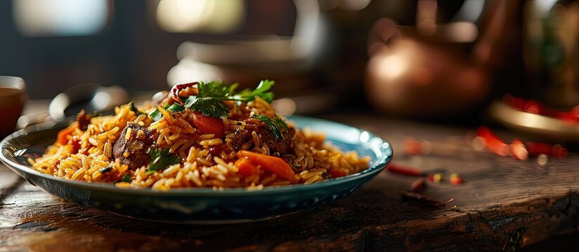 Traditional pilaf carrot meat pilaf Persian pilaf Turkish name Acem pilavi. Creative Banner. Copyspace image