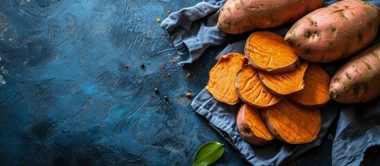 Sweet potato Cut sweet potato over blue table Sweet potato sliced ready to prepare baked pie with vegetables Top view. Creative Banner. Copyspace image - obrazy, fototapety, plakaty
