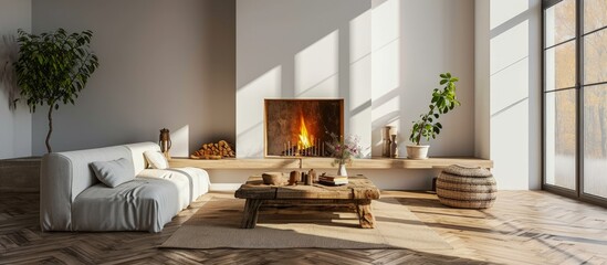 wooden table and fireplace off home living room with stylish decor. Creative Banner. Copyspace image