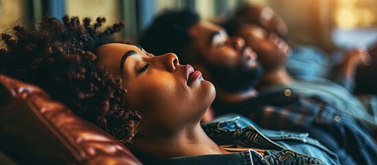 Multiethnic businesspeople sleeping during a seminar in conference room. Creative Banner. Copyspace image - obrazy, fototapety, plakaty