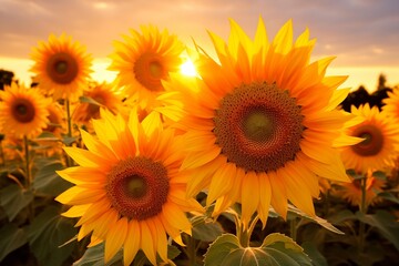 Obraz premium Breathtaking view of a sunflower field basking in the warm hues of a beautiful summer sunset. This picturesque landscape serves as a stunning background, capturing essence of a summer evening.