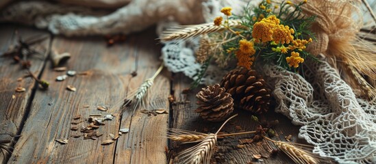 Shot of linen tablecloths towels and napkins with crochet white lace trim pine cone flowers and wheat on a wooden table. Creative Banner. Copyspace image