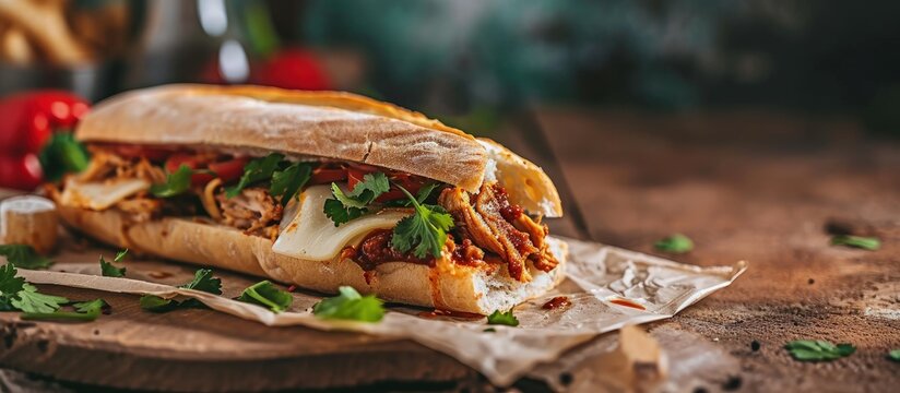 Mexican Torta Sandwich made with common bread in Mexico it can be telera bolillo or bagette split in half and filled with various ingredients in this case spicy pork leg with Oaxaca cheese