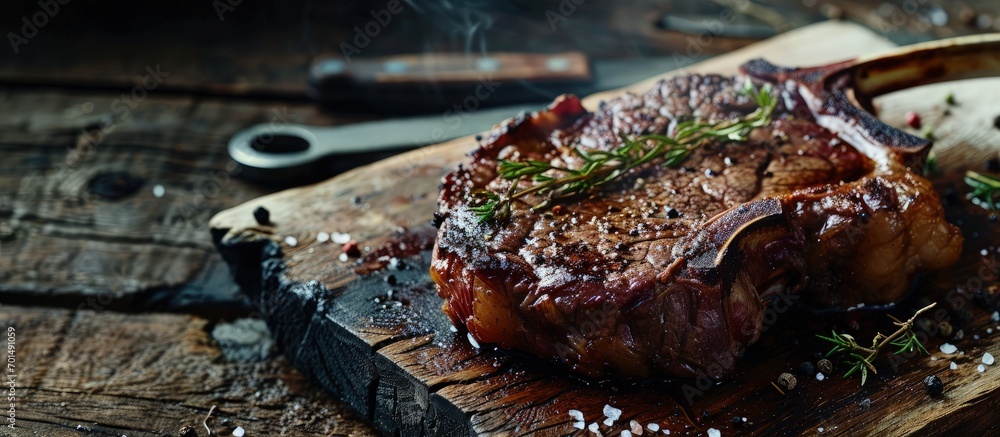 Poster raw tomahawk beef steak and spices ready for grilling. creative banner. copyspace image