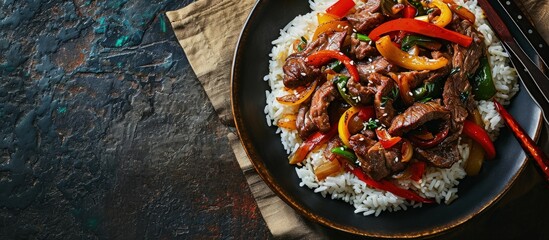 Stir fry Chinese pepper beef steak with onion red and green bell pepper rice in bowl. Creative Banner. Copyspace image - obrazy, fototapety, plakaty