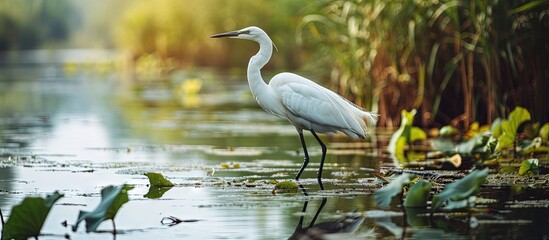 Wild life birds photography a majestic white bird soaring over a serene body of water showcasing the beauty of nature s diverse ecosystem in Danube Delta Romania. Creative Banner. Copyspace image