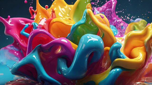 Vibrant splashes of multicolored liquid in a dynamic and playful dance, creating an abstract and vividly colorful composition.