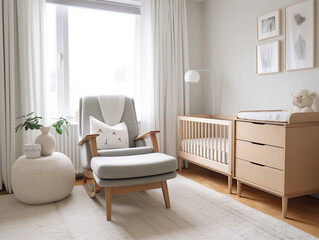 Minimalist Scandinavian-inspired nursery, harmonious neutral tones, cozy, clean lines, functional design, calm ambiance.