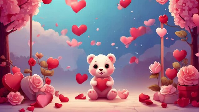 Cute love bear valentines day scene, love hearts rain from the sky