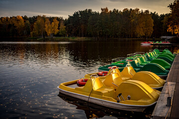 Old fashioned brightly colored pedal boats