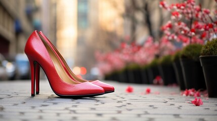Red stilettos on a city sidewalk, with a blur of springtime activities in the background. - obrazy, fototapety, plakaty