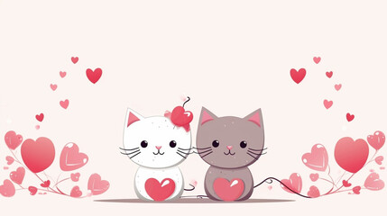 copy space, simple illustration,  valentine cute cats couple falling in love, handdrawn. Cute valentine card with cats. Beautiful background or for valentine’s day. Beautiful background. Valentine’s c