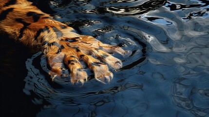 The distorted reflection of a big cat's paw in a murky pool, reflecting the turmoil of distress.