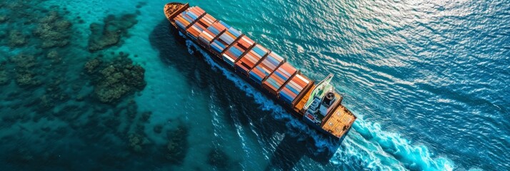 Aerial view of a cargo ship carrying containers in the open sea