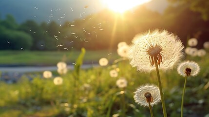 Dandelion Meadow. White dandelions illuminated by the evening sun, blurred background, Sunset or sunrise.