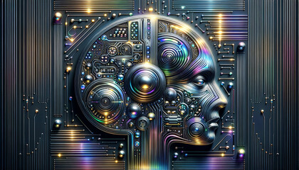 Futuristic AI symbol with metallic neural network and iridescent circuit board.