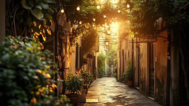 Intimate Sunset View Of Cozy Street in Italy